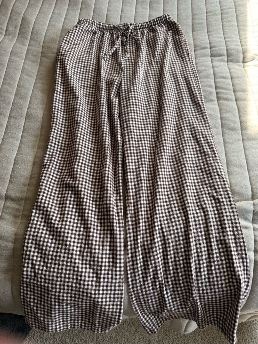 Gingham Wide-Leg Lounge Pants in Brown and White